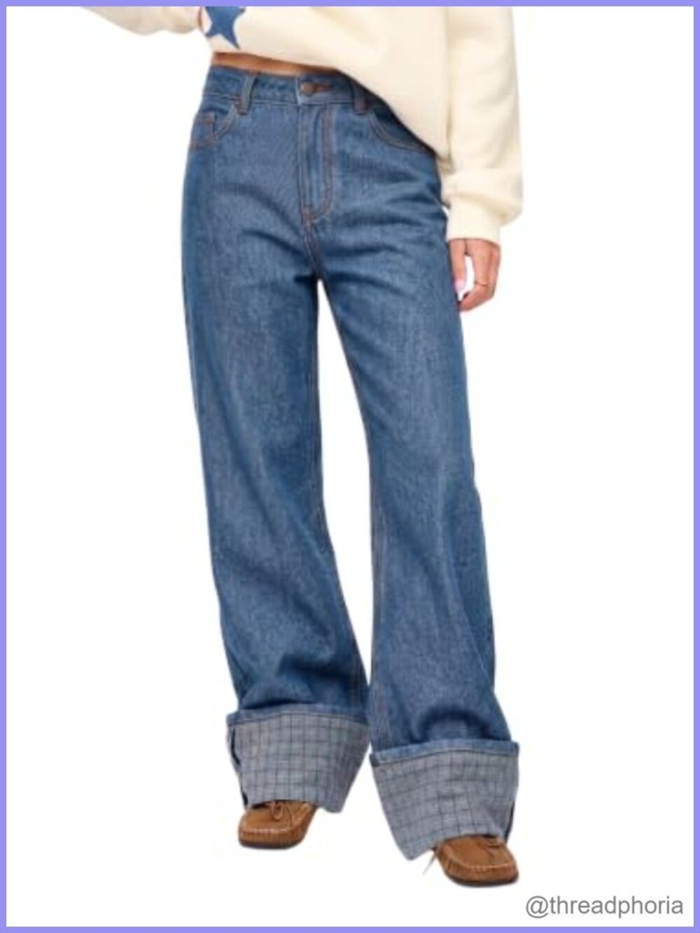 Wide Leg High Waisted Cuffed Plaid Baggy Denim Jeans